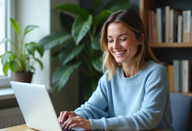 Femme souriante travaillant à son bureau à la maison