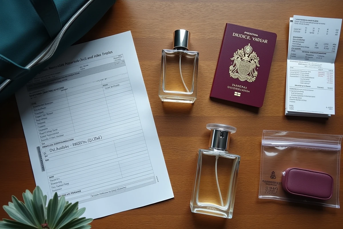 Vue aérienne de flacons de parfum, passeport européen et formulaire de déclaration douanière pour voyager en Espagne