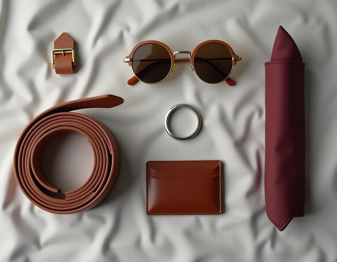 Flat lay d'accessoires de mode masculins classiques sur lin gris : ceinture cuir, lunettes dorées et porte-cartes