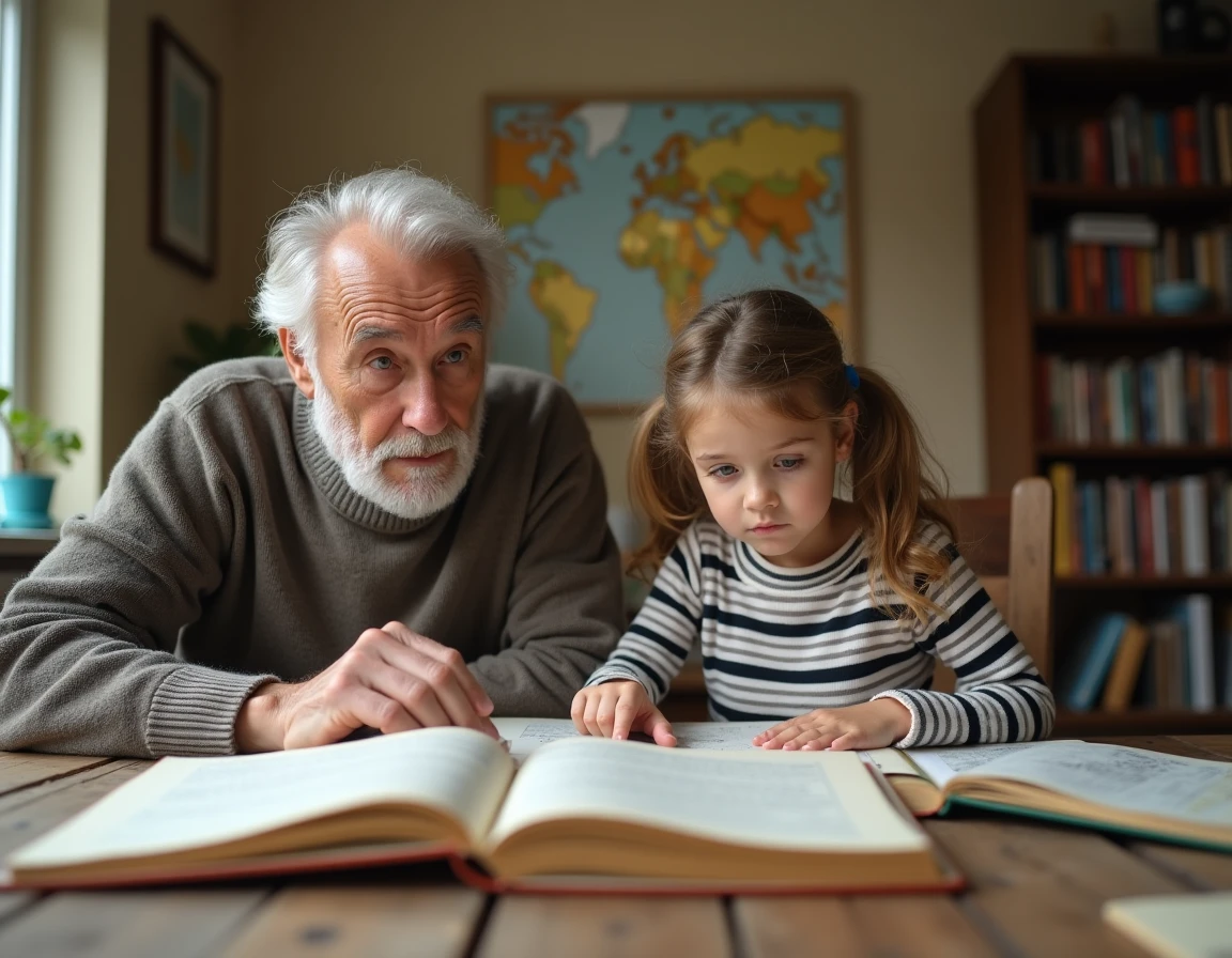 Grand-père et petite-fille partageant une histoire fascinante autour d'un livre illustré sur une table en bois