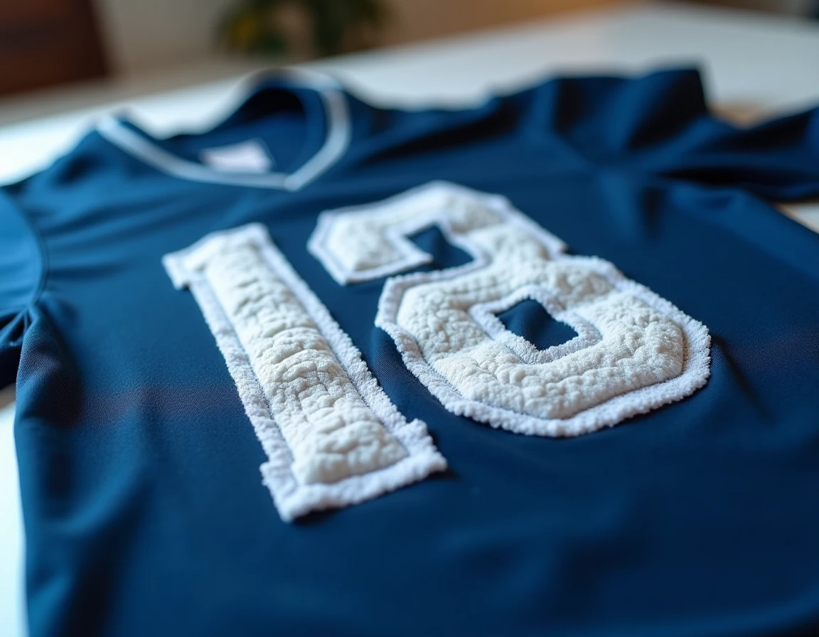 Gros plan sur un flocage en velours blanc sur un maillot de sport bleu marine avec numéro 10, tarif de personnalisation Intersport