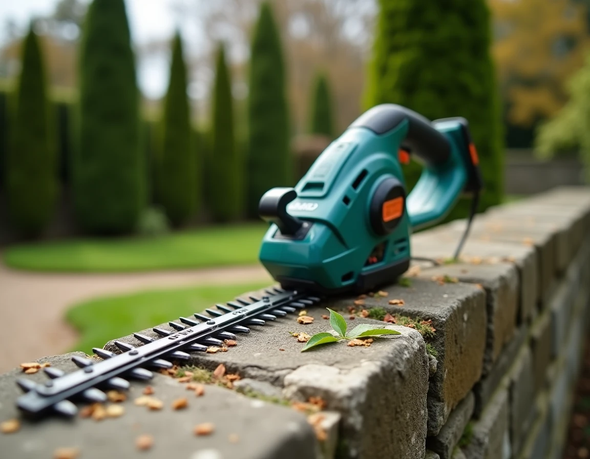 Gros plan d'un taille-haie électrique posé sur un muret en pierre entouré de tailles de haie fraîches
