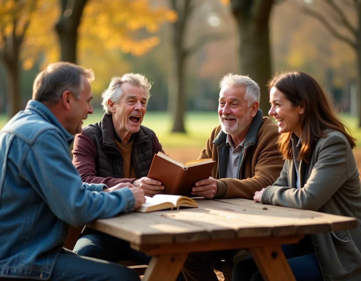 Groupe d'adultes réunis en plein air partageant des histoires et anecdotes avec des expressions de surprise et de rire