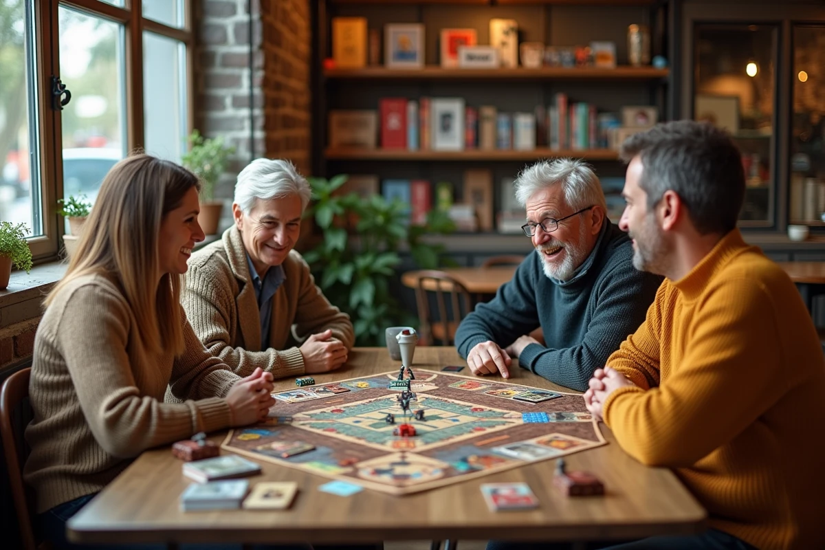 Groupe d'adultes jouant à un jeu de société dans un café ludique convivial, loisir collectif et innovant entre amis