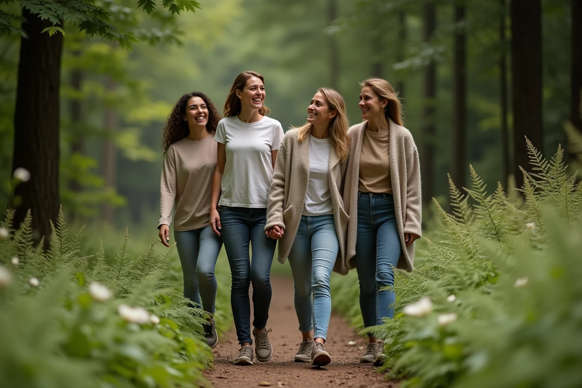Groupe divers de personnes marchant en forêt pour le bien-être