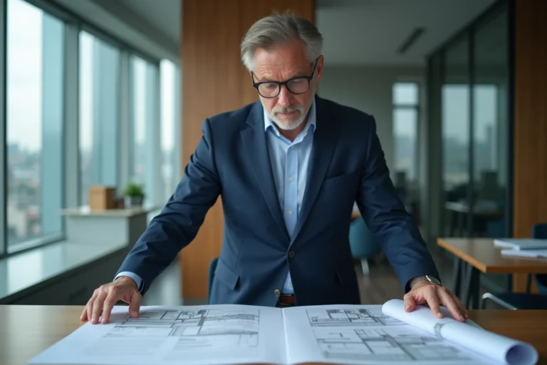 Homme d'affaires en costume bleu examinant des plans