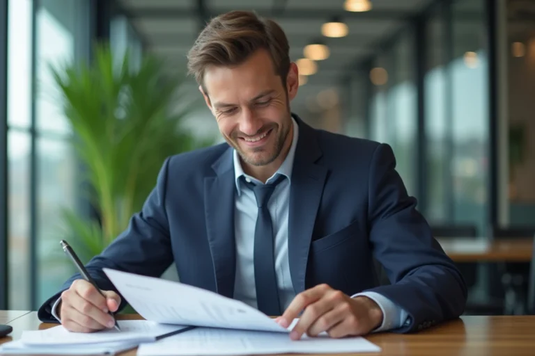Jeune entrepreneur en costume navy dans un bureau moderne
