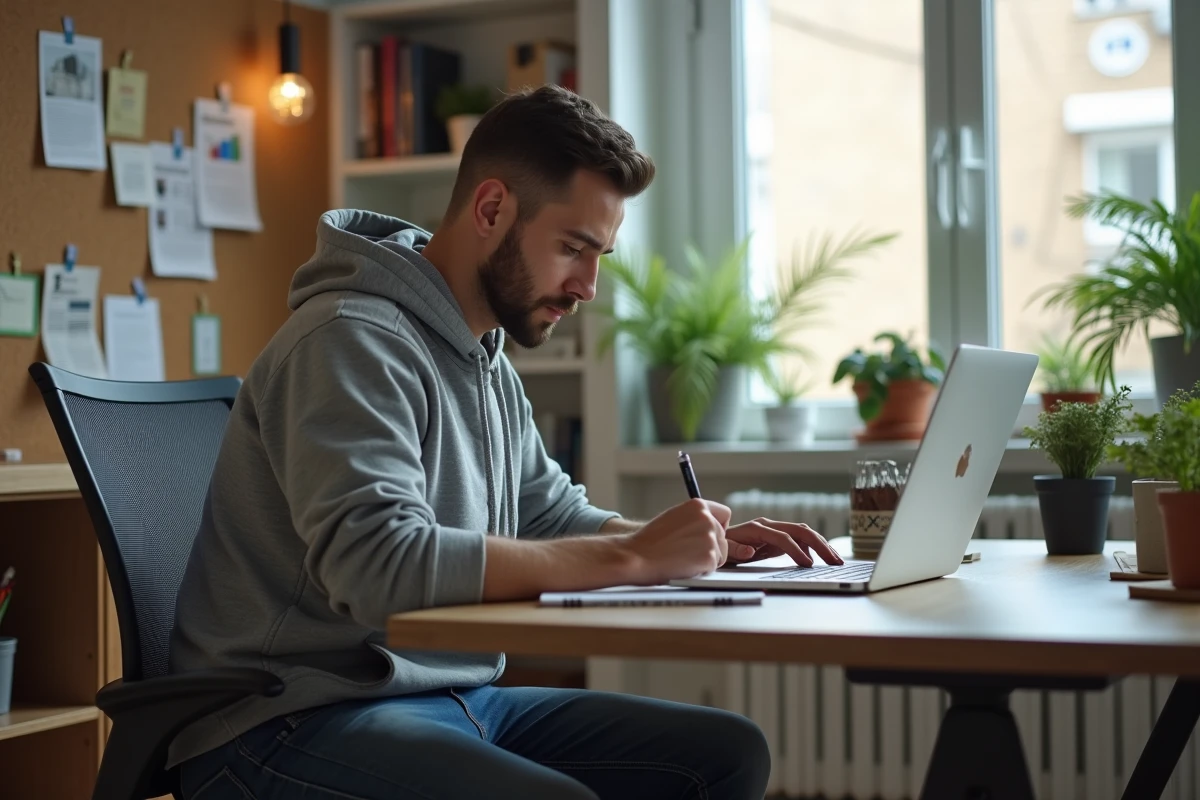 Homme en hoodie travaillant sur son ordinateur dans un bureau lumineux