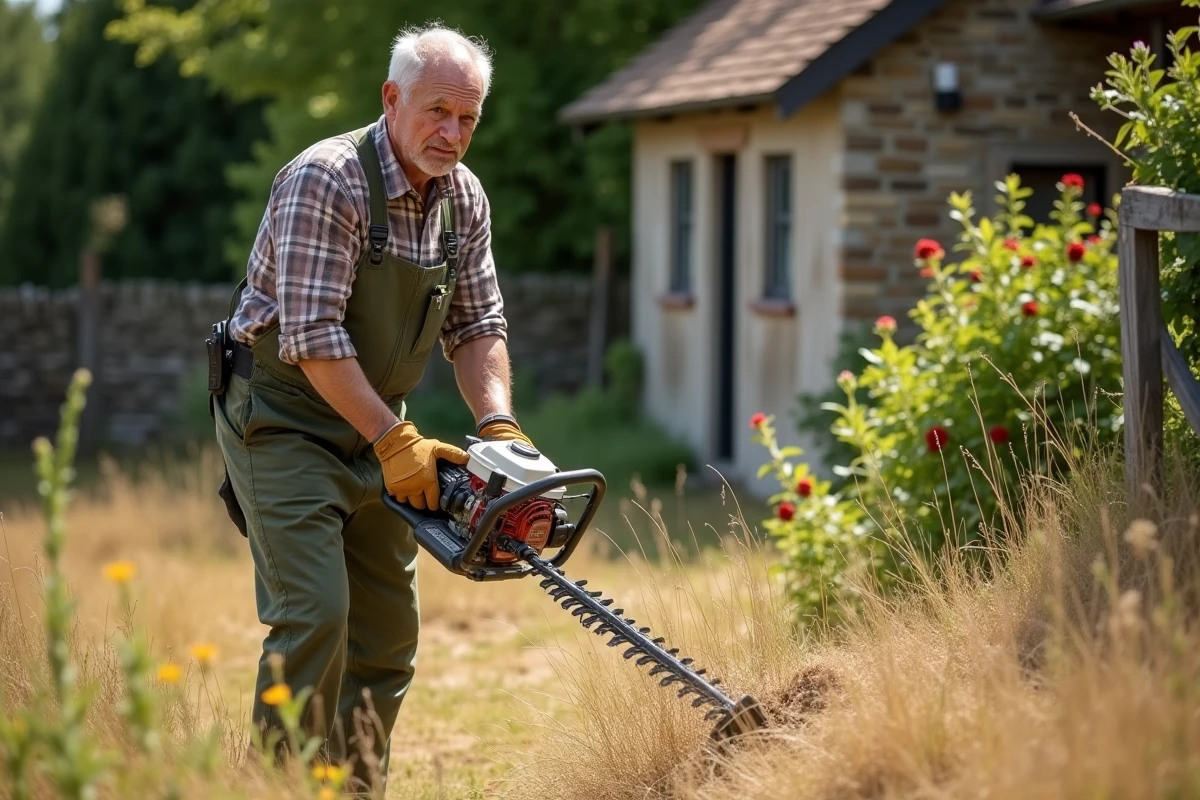 Homme utilisant une débroussailleuse thermique pour entretenir les bordures d'un jardin rural envahi par la végétation