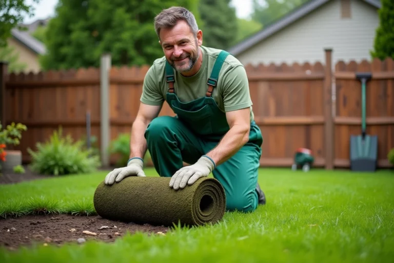 Homme en overalls verts posant avec un rouleau de gazon