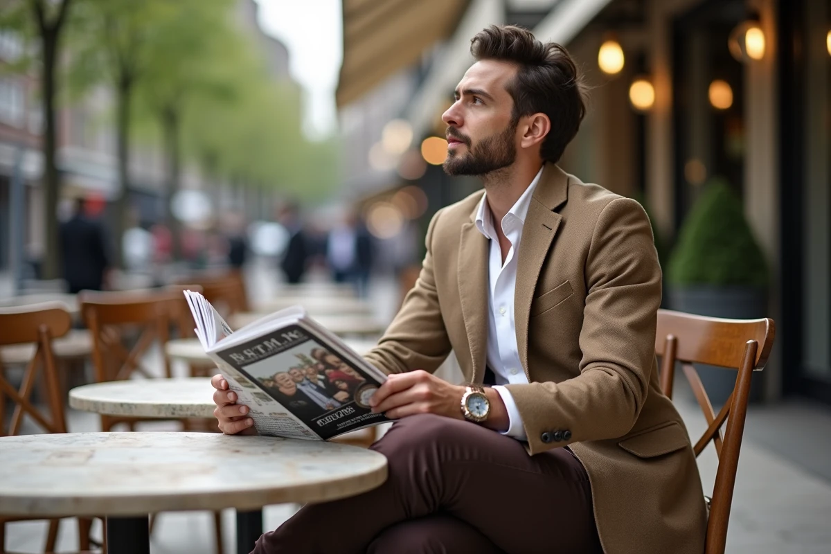Homme fashion lisant un magazine en terrasse de cafe