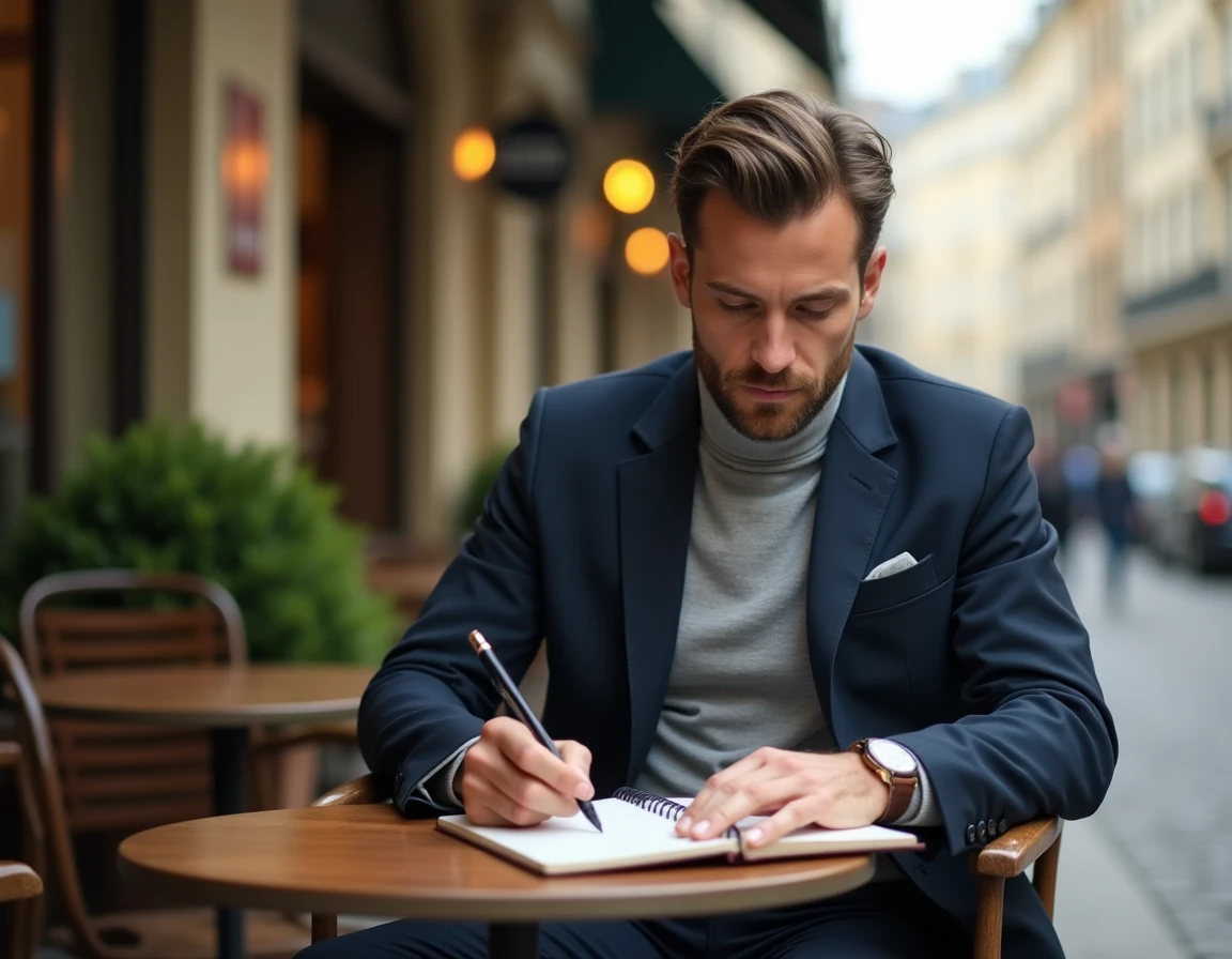 Homme stylé avec montre classique et souliers en cuir assis en terrasse de café parisien
