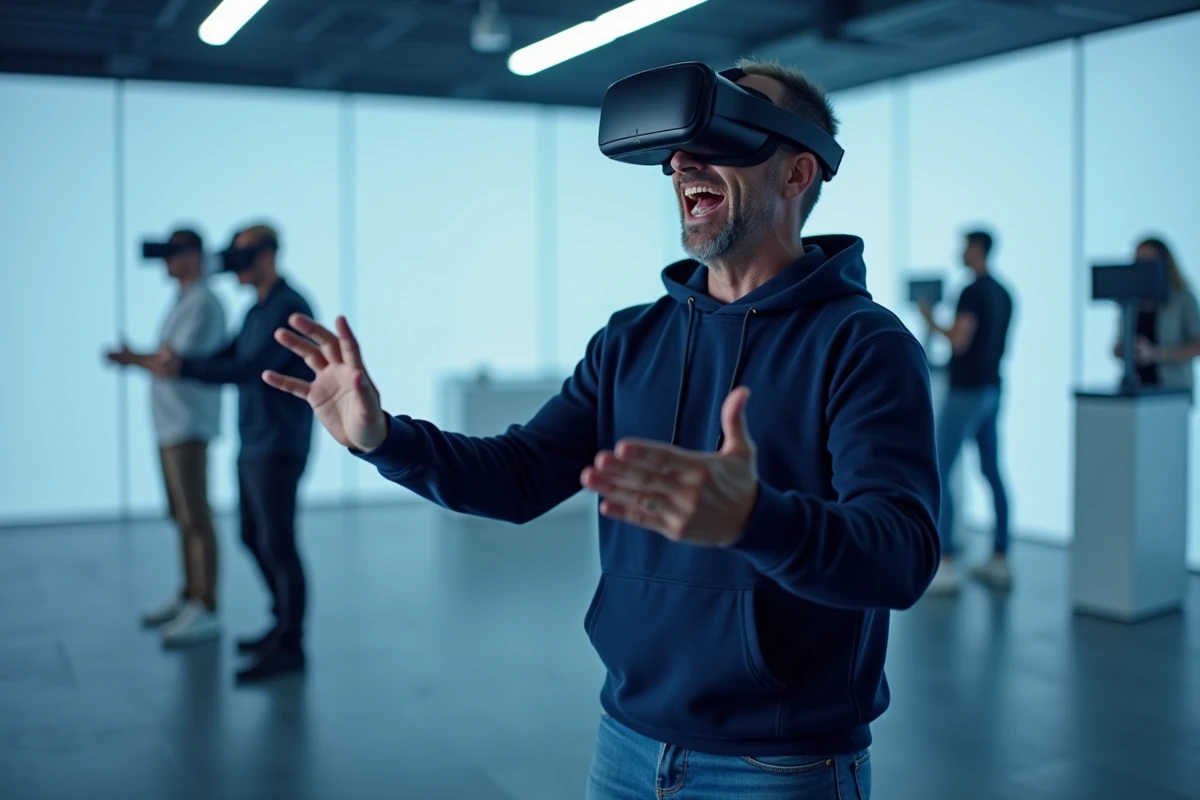 Homme utilisant un casque de réalité virtuelle dans un espace de loisirs technologique moderne, expérience immersive innovante