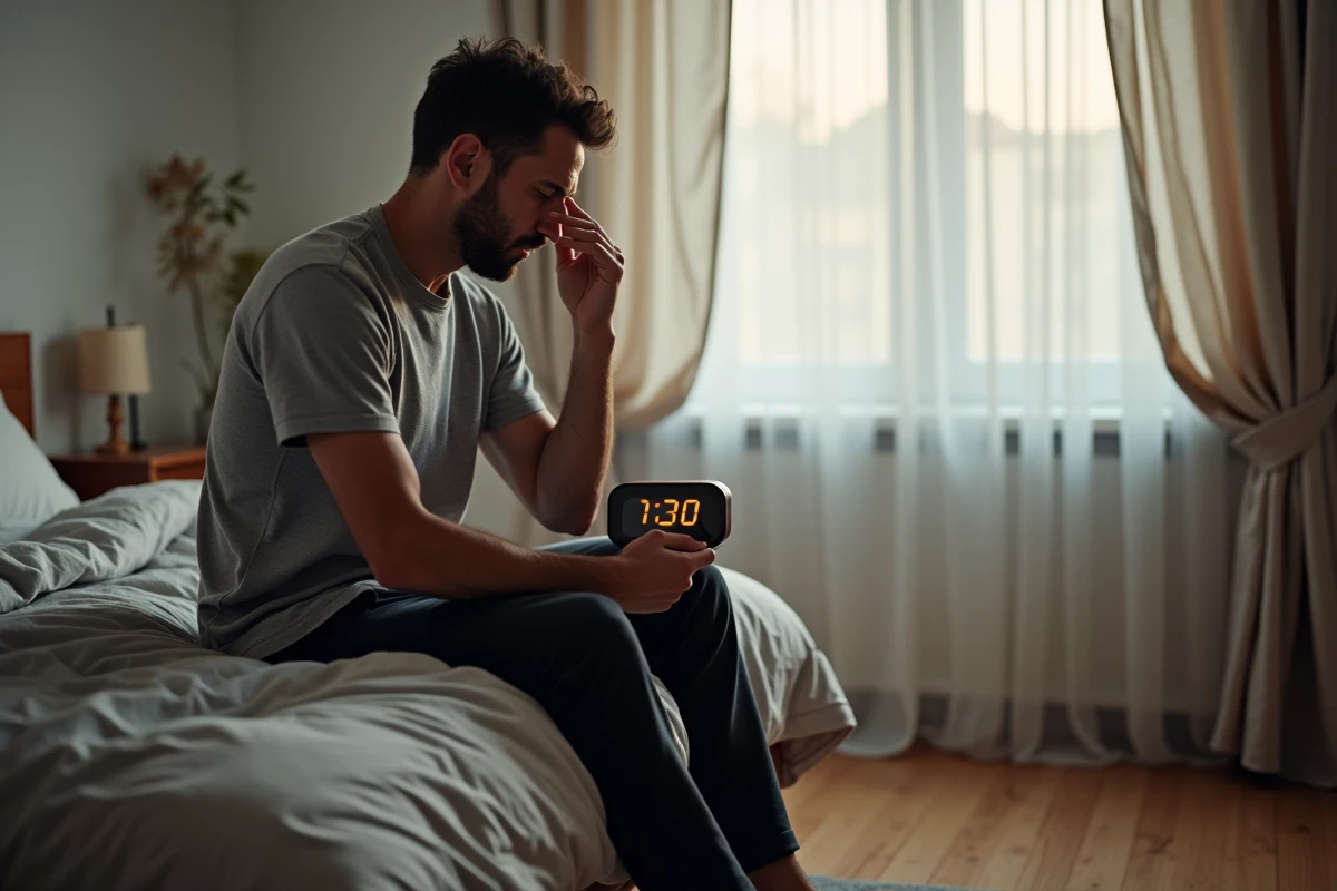 Homme adulte se réveillant fatigué au bord du lit en regardant son réveil, symbolisant le manque de sommeil et ses effets sur la forme