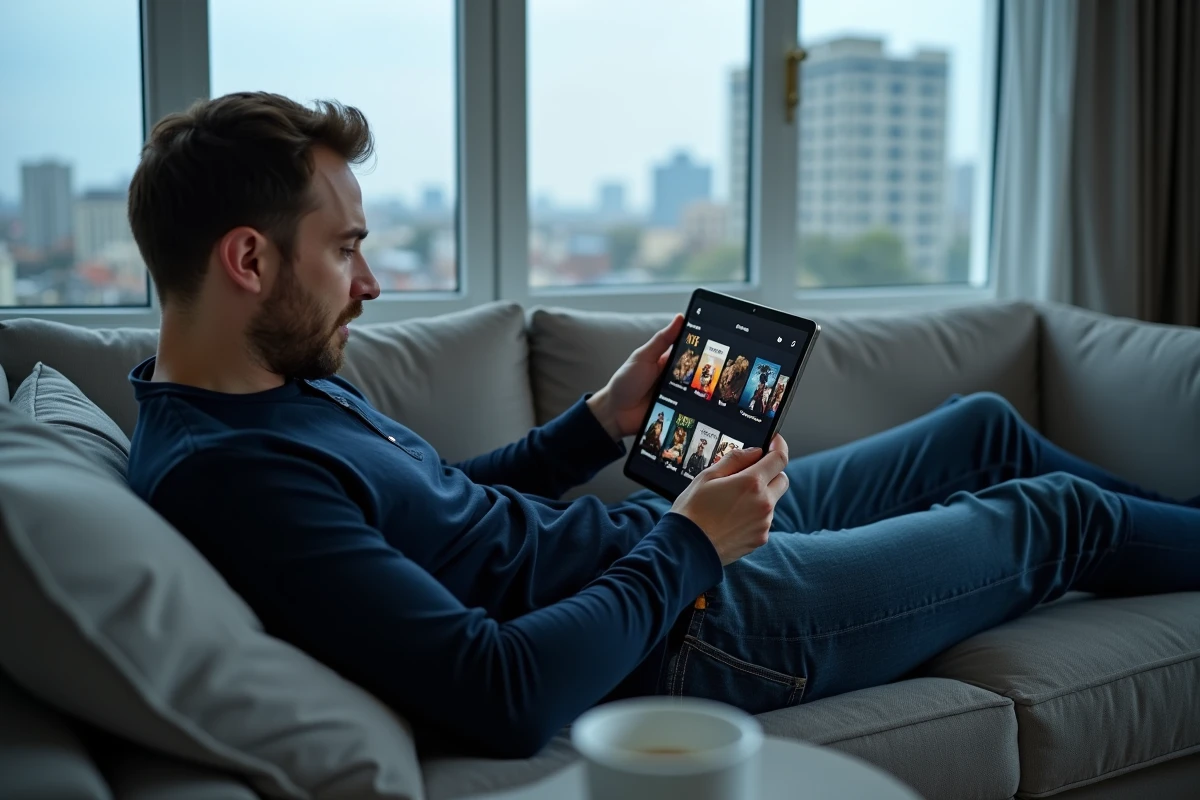Homme adulte utilisant une tablette pour accéder légalement à des contenus multimédias sur son canapé