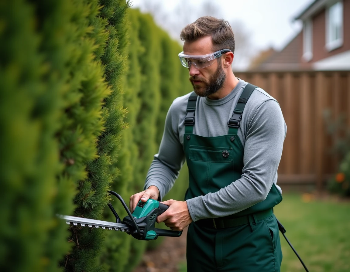 Homme utilisant un taille-haie électrique filaire pour tailler une haie verte dans un jardin suburban