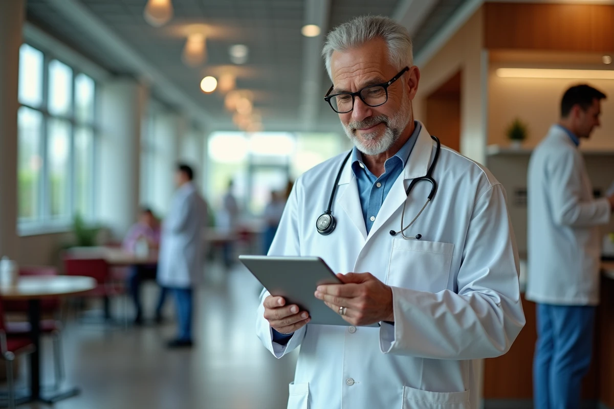 Infirmier en blouse blanche lors d une visioconference