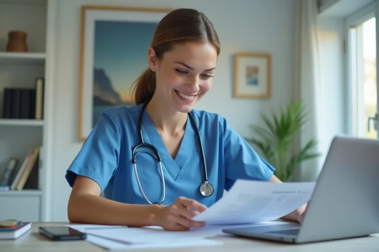 Infirmiere en blouse bleue dans un bureau moderne