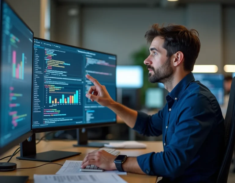Ingénieur logiciel analysant des diagrammes d'intégration API sur un écran dans un bureau technologique moderne