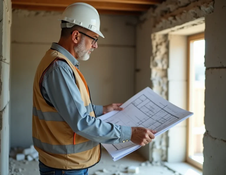 Ingénieur en bâtiment examinant les plans structurels devant un mur porteur partiellement démoli lors d'une rénovation résidentielle