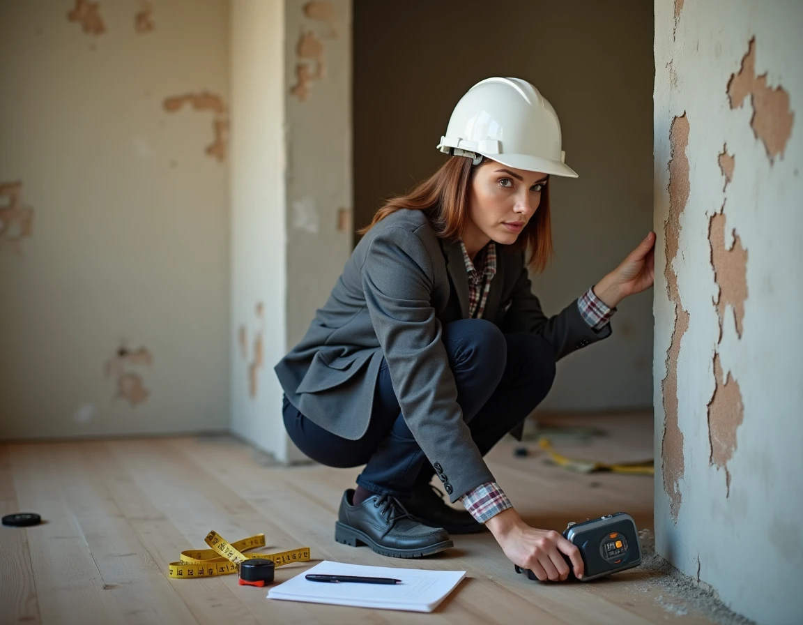 Ingénieure structure inspectant la base d'un mur porteur en béton avec un outil de diagnostic avant travaux de démolition