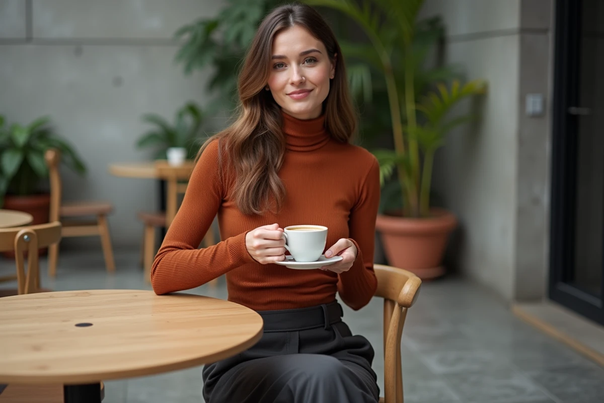 Femme tendance en turtleneck rouille et pantalon large dans un café minimaliste, inspiration mode automne hiver