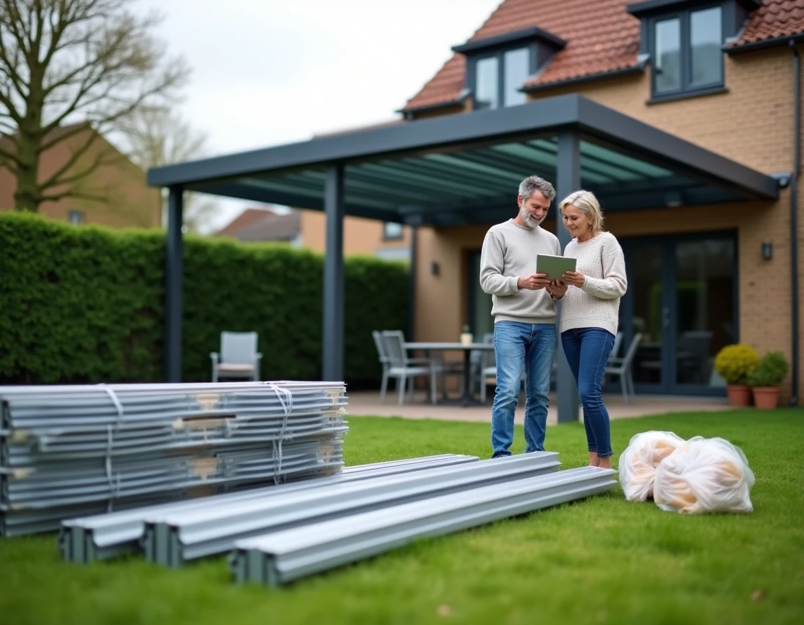 Couple installant une véranda en kit dans leur jardin avec les composants aluminium et verre disposés sur la pelouse
