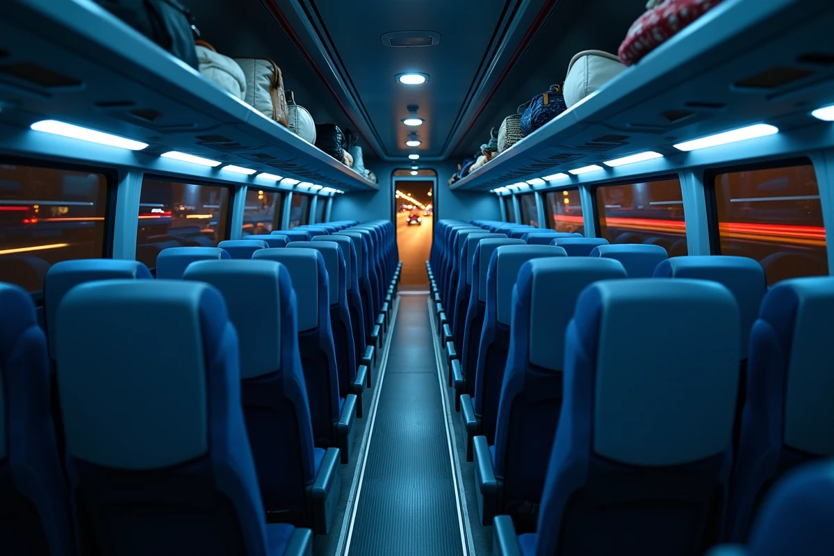 Intérieur vide d'un bus Blablabus de nuit avec sièges inclinables et rangements en vue depuis l'allée centrale
