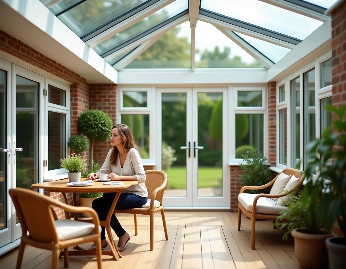 Intérieur aménagé d'une véranda en kit en uPVC blanc avec mobilier en rotin et plantes vertes