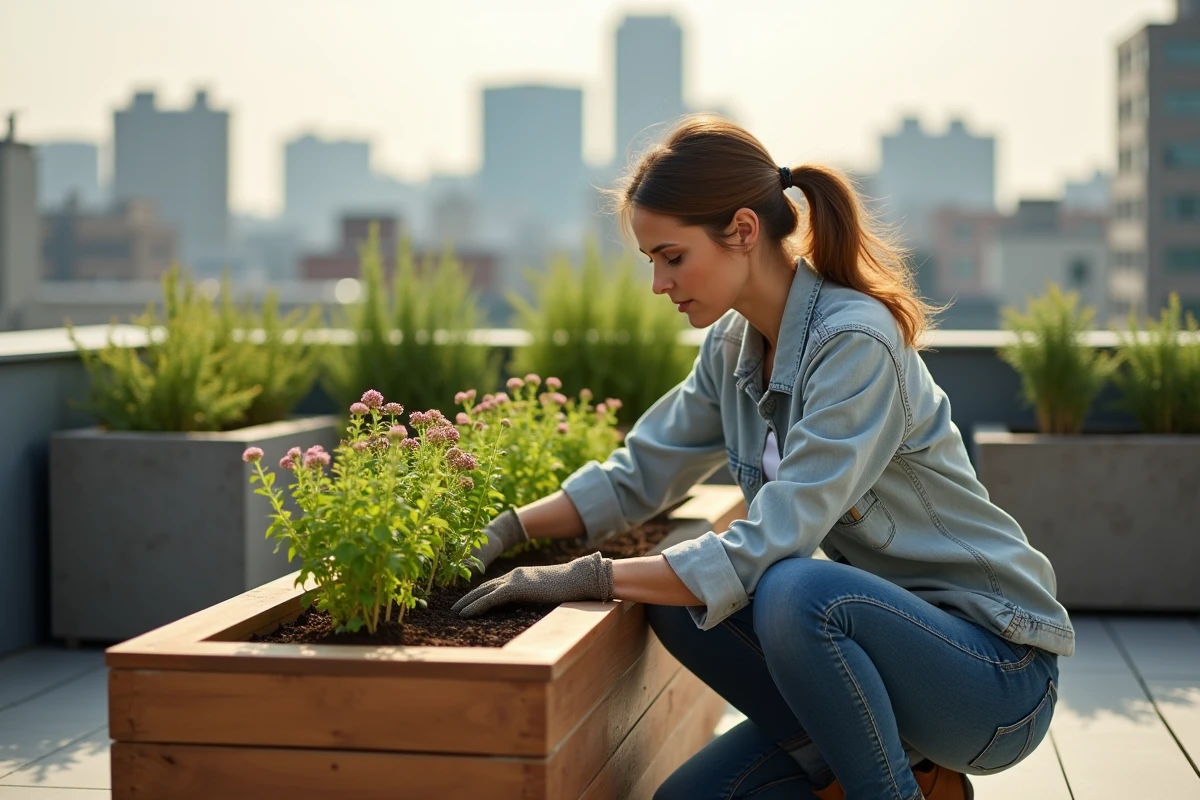Femme aménageant un bac à plantes en bois sur une terrasse moderne avec vue sur la ville