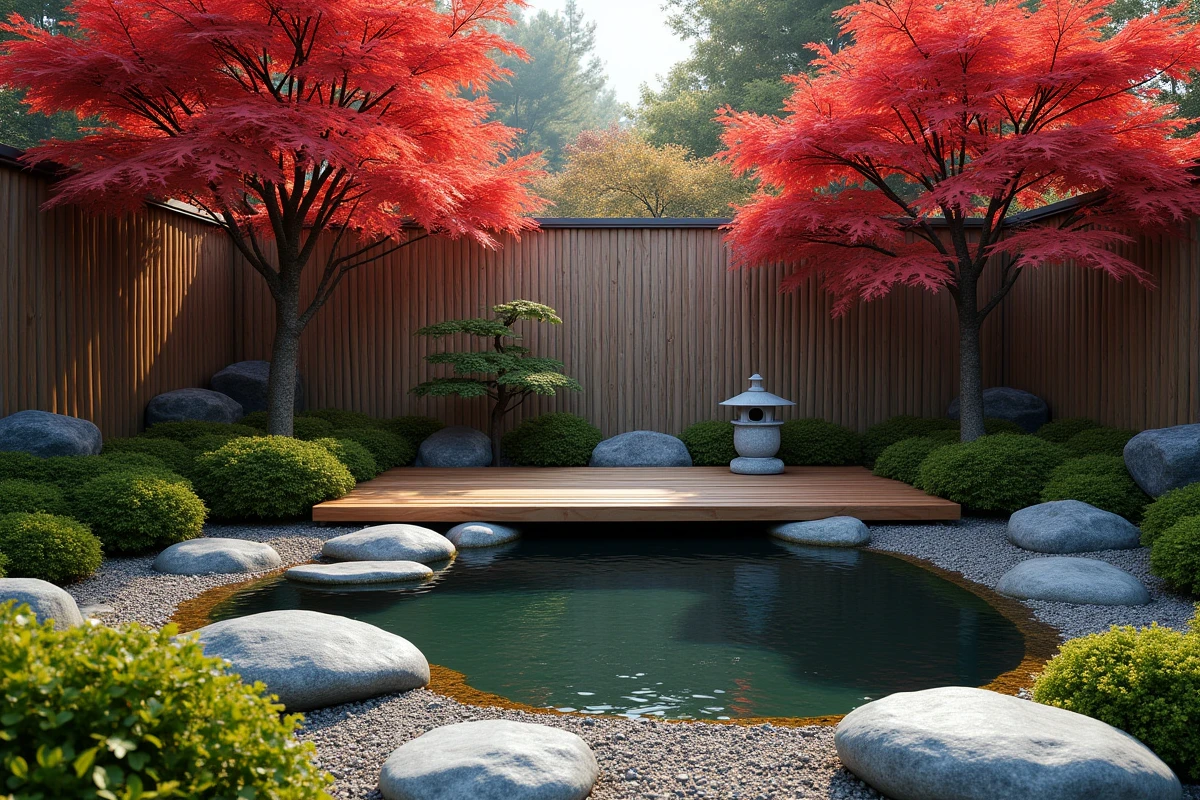 Coin de jardin zen japonais avec bassin à carpes koï, pierres de rivière, érable japonais rouge et lanterne en pierre