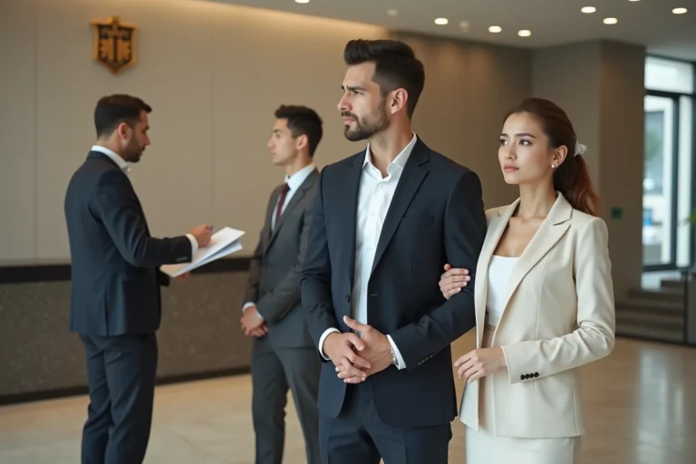 Jeune couple anxieux dans une mairie moderne pour un mariage