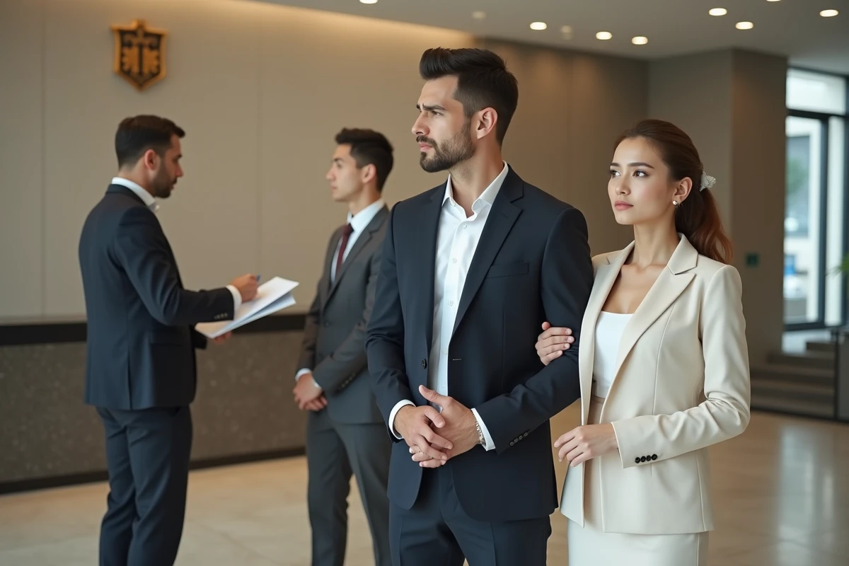 Jeune couple anxieux dans une mairie moderne pour un mariage