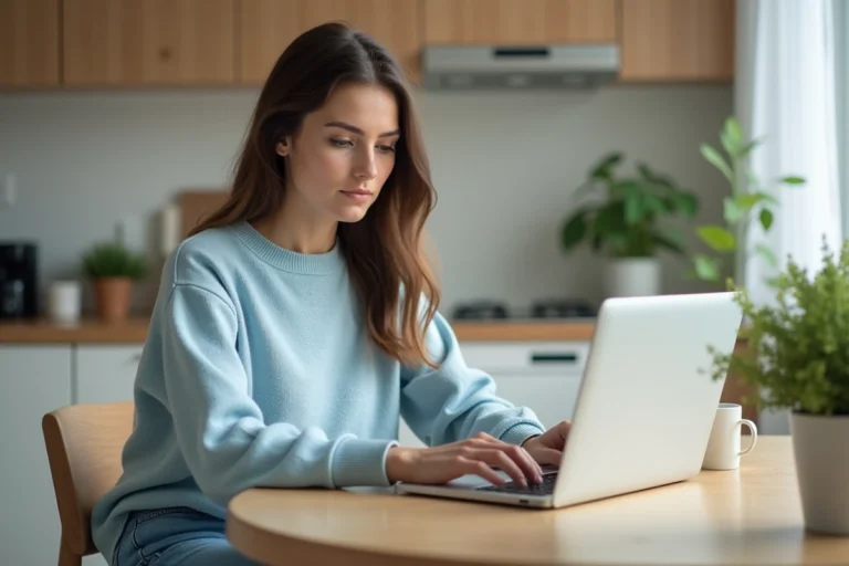 Jeune femme travaillant sur un laptop dans une cuisine lumineuse