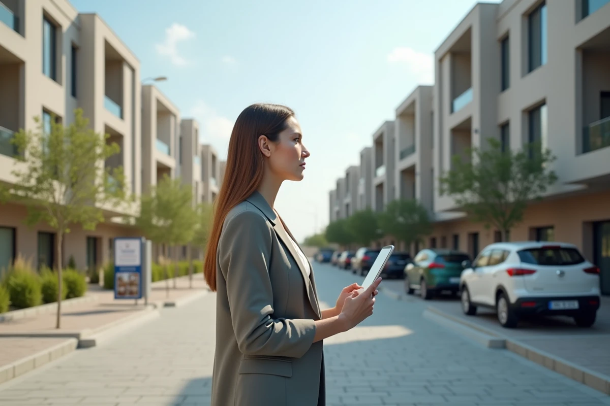 Jeune femme regardant un panneau immobilier en extérieur