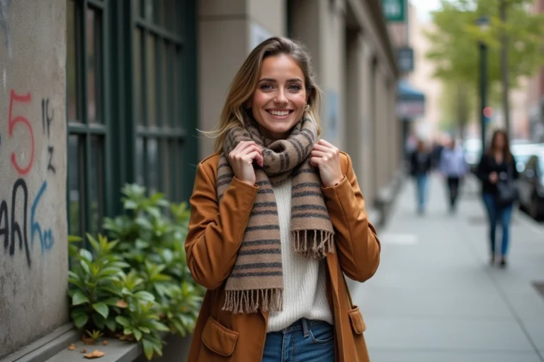 Jeune femme mode urbaine ajustant une echarpe tendance