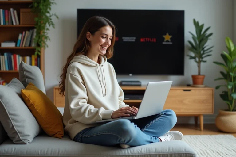 Jeune femme souriante sur un canapé avec ordinateur portable