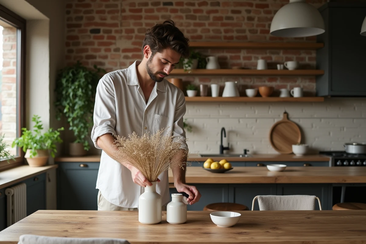 Jeune homme arrangeant des fleurs dans un vase