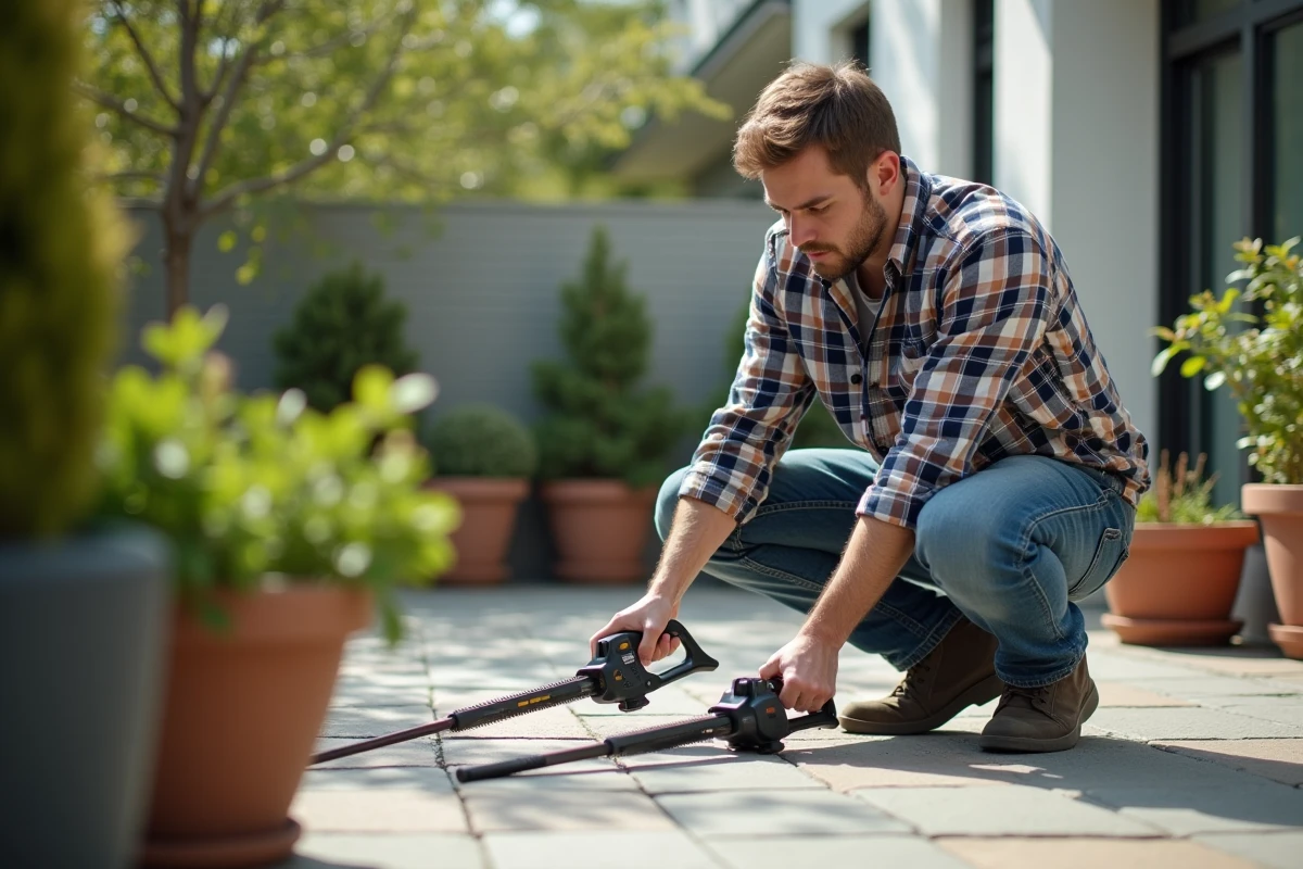 Jeune homme inspectant deux coupe-branches dans son jardin urbain