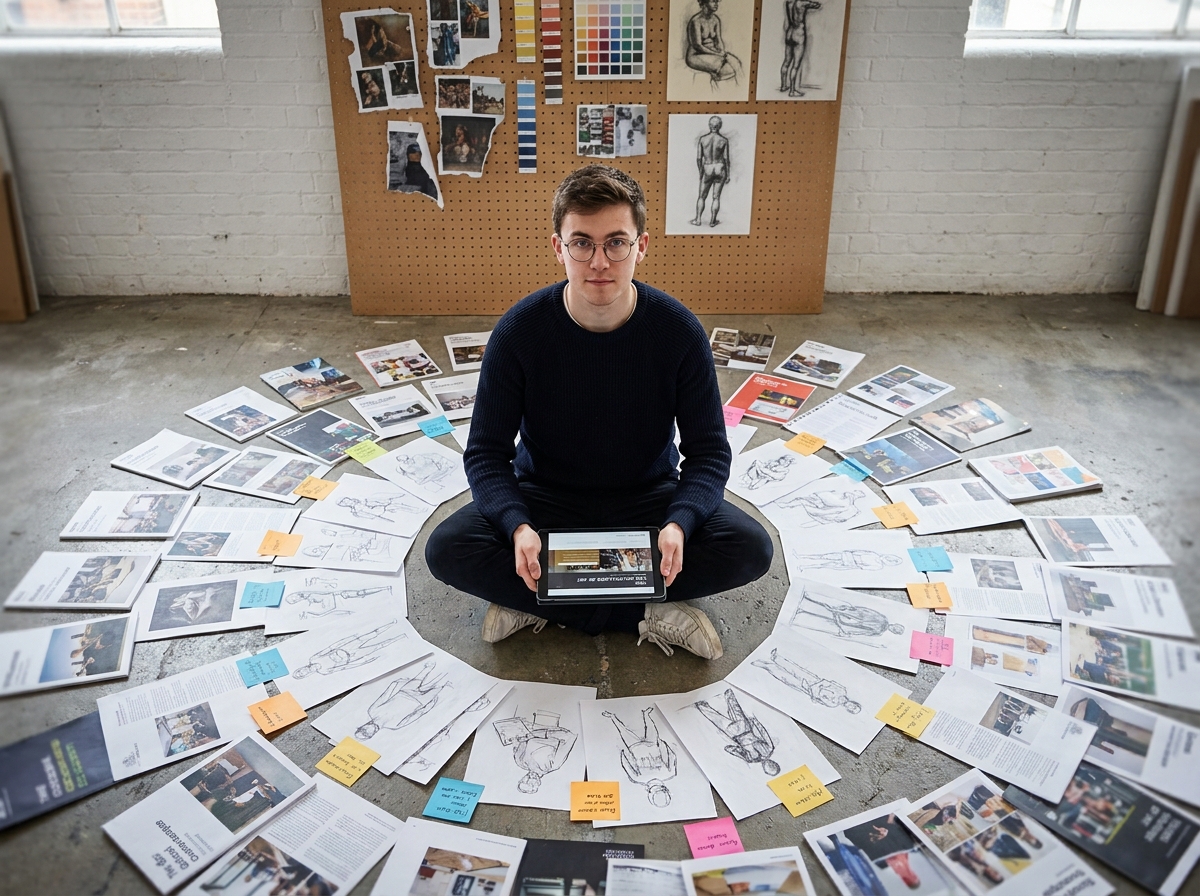 Jeune homme entouré de brochures de formations artistiques au sol dans un atelier comparant les options après le bac