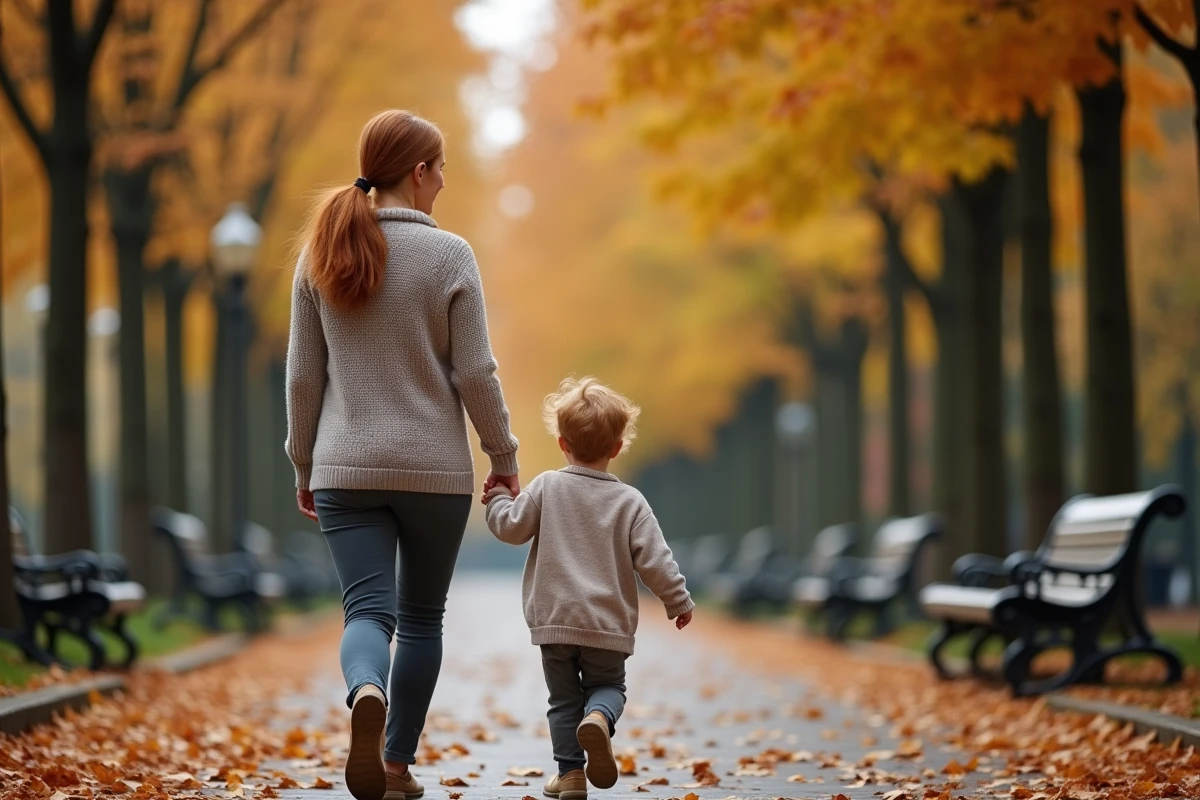 Mère et enfant se promenant dans un parc en automne, image de vie de famille authentique
