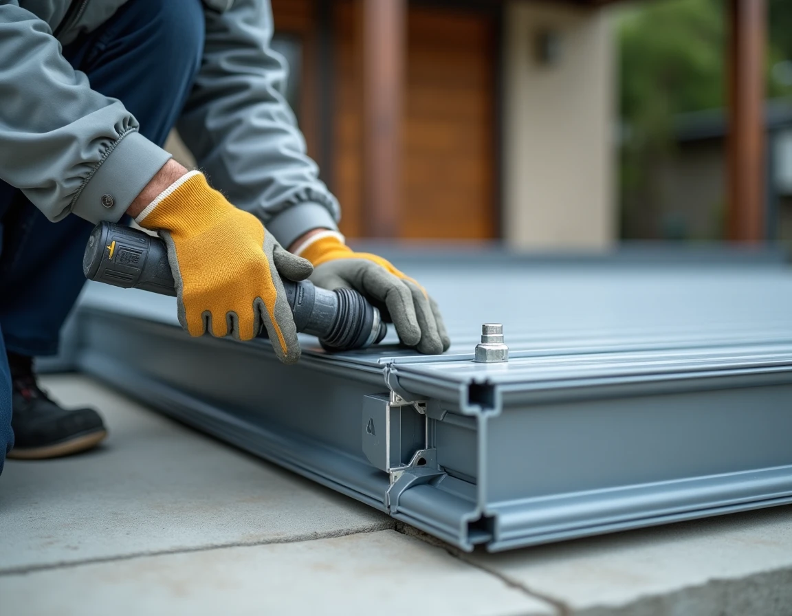 Homme vissant un raccord aluminium lors du montage d'une véranda en kit sur une terrasse en béton