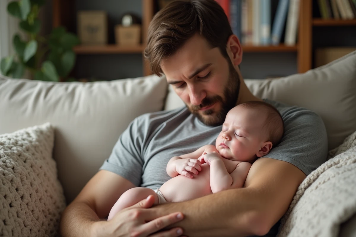 Père tenant son bébé endormi contre sa poitrine dans le salon après le bain du soir