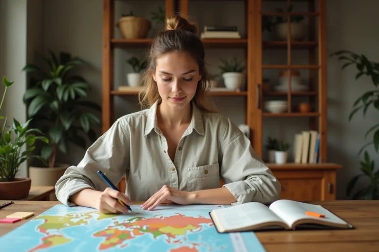Femme planifiant un tour du monde avec une carte papier et un journal de voyage sur une table en bois
