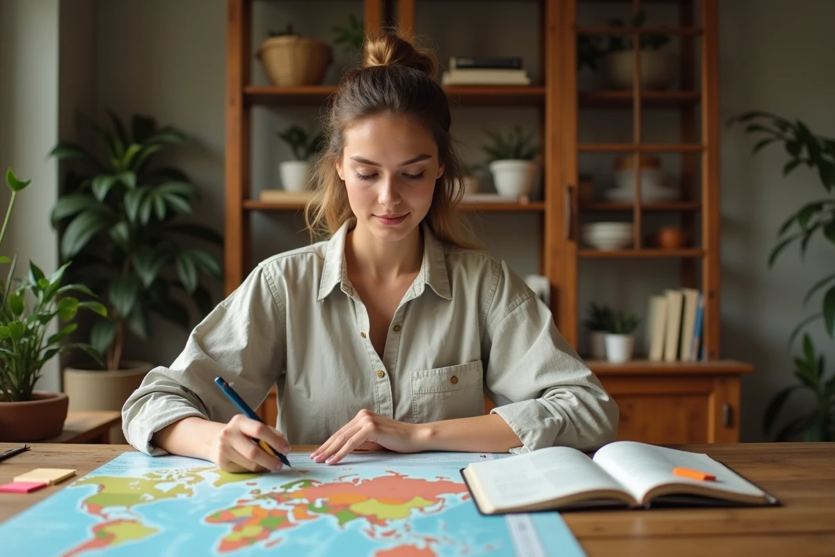 Femme planifiant un tour du monde avec une carte papier et un journal de voyage sur une table en bois