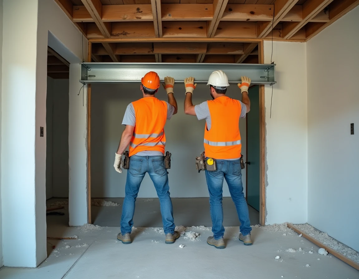Deux ouvriers posant une poutre en acier IPN lors de l'ouverture d'un mur porteur dans un appartement en rénovation