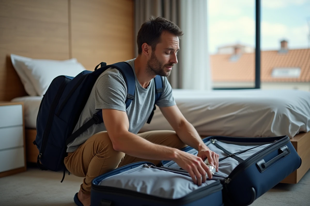 Homme rangeant un flacon de parfum dans sa valise dans une chambre d'hôtel avant de traverser la frontière espagnole