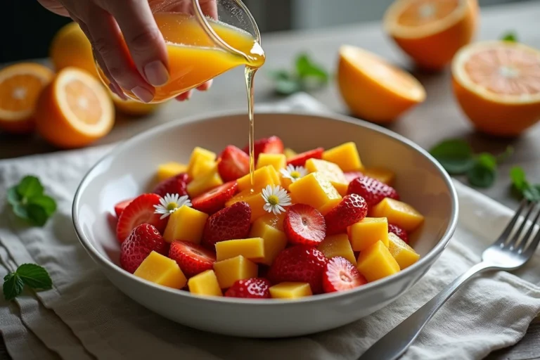 Salade de fruits maison arrosée de jus d'orange et de sirop de sureau versés depuis une carafe en verre sur une table en bois rustique