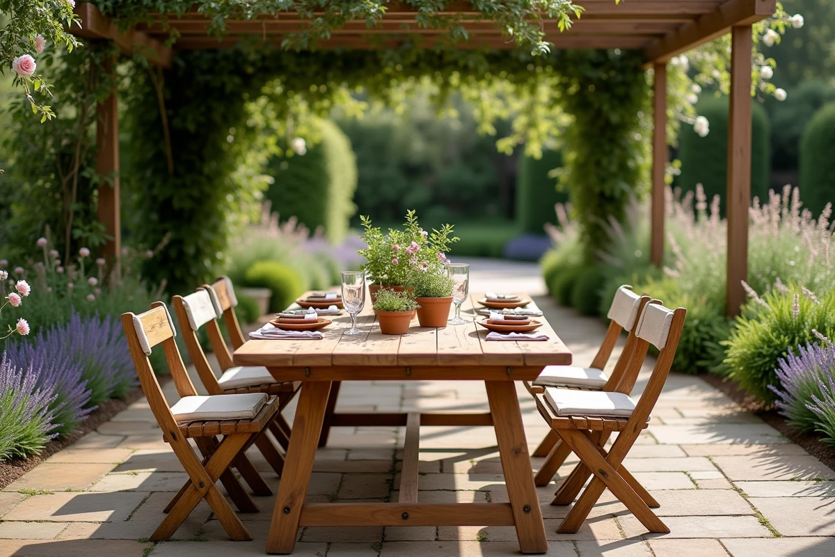 Table de jardin en teck avec vaisselle en terre cuite et fleurs fraîches sous une pergola couverte de rosiers grimpants
