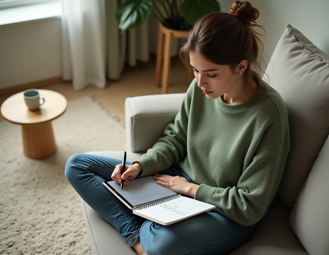 Jeune femme travaillant sur une stratégie de contenu SEO avec une tablette et un carnet dans un salon minimaliste